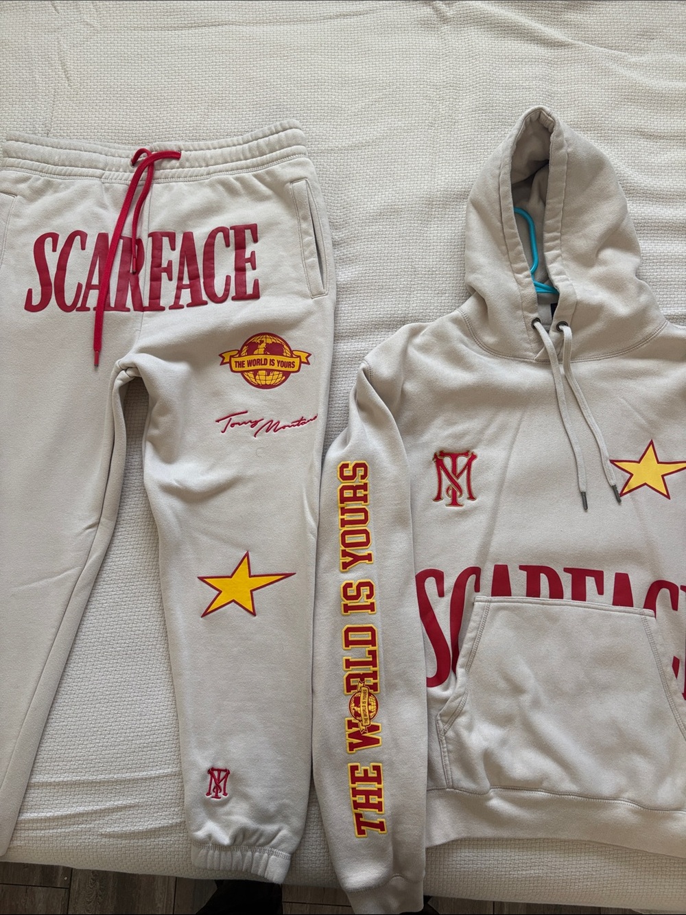 Scarface Graphic Hoodie & Jogger Set in Light Gray with Red and Yellow Accents